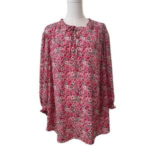 Cynthia Rowley Women's 3X Pink Floral Curvy PLUS Relaxed Flowy Tie-Neck Blouse
